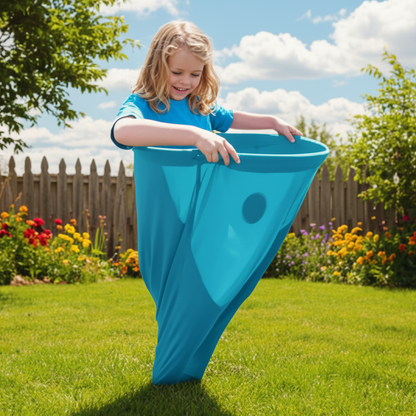Outdoor family game featuring stretchy trousers and colorful catching balls, perfect for active group entertainment and fun outdoor activities. 1