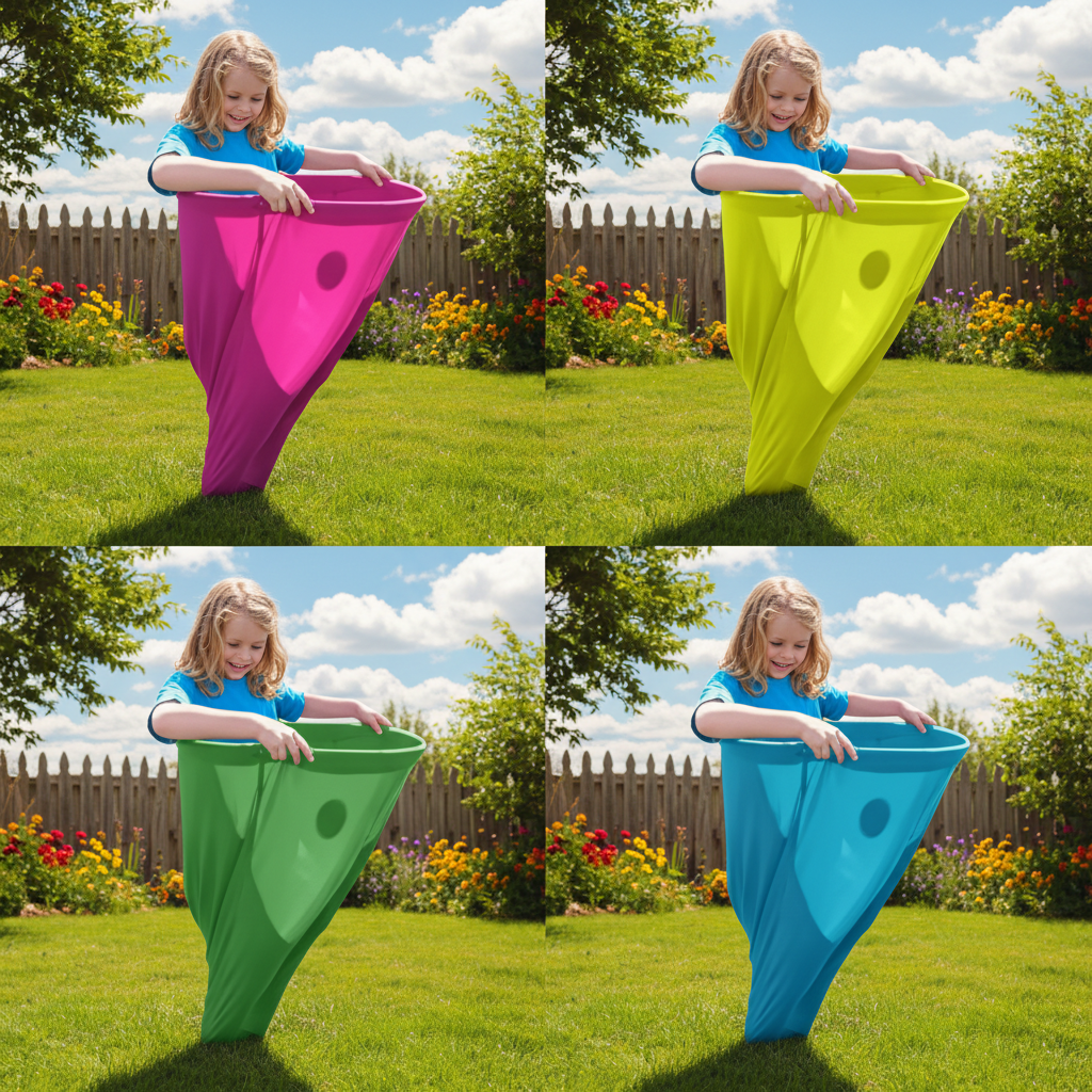 Outdoor family game featuring stretchy trousers and colorful catching balls, perfect for active group entertainment and fun outdoor activities. 4