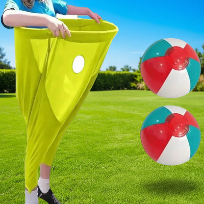 Outdoor family game featuring stretchy trousers and colorful catching balls, perfect for active group entertainment and fun outdoor activities. 5