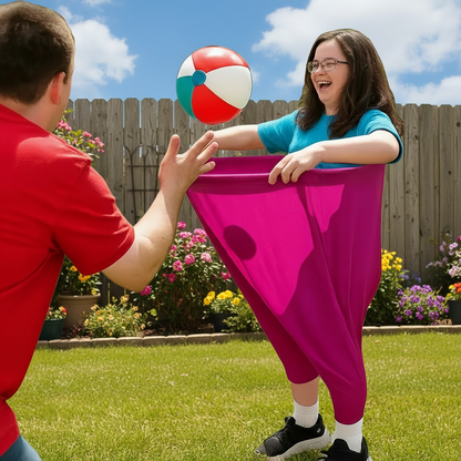 Outdoor family game featuring stretchy trousers and colorful catching balls, perfect for active group entertainment and fun outdoor activities. 6