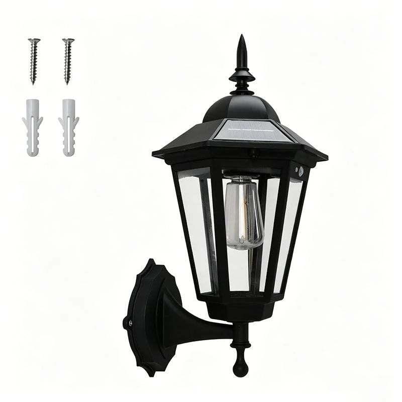 Outdoor solar wall light featuring a vintage design, equipped with a motion sensor for enhanced security, weatherproof construction ideal for outdoor use. 0