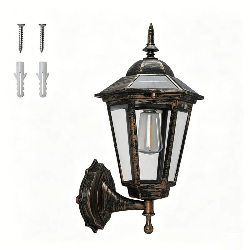 Outdoor solar wall light featuring a vintage design, equipped with a motion sensor for enhanced security, weatherproof construction ideal for outdoor use. 5