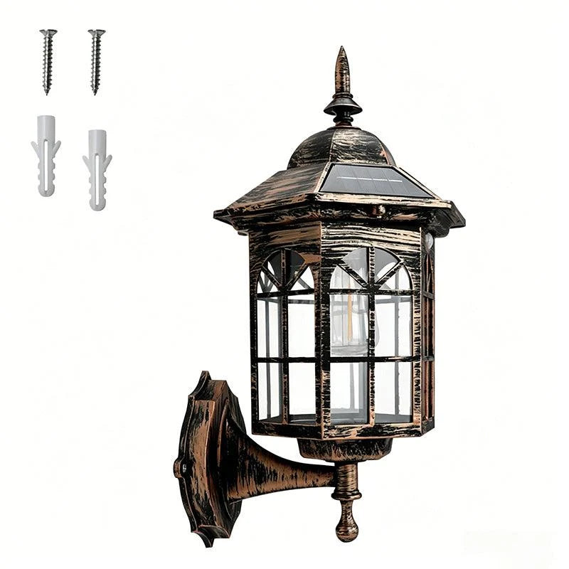 Outdoor solar wall light featuring a vintage design, equipped with a motion sensor for enhanced security, weatherproof construction ideal for outdoor use. 6