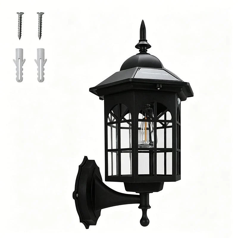 Outdoor solar wall light featuring a vintage design, equipped with a motion sensor for enhanced security, weatherproof construction ideal for outdoor use. 7