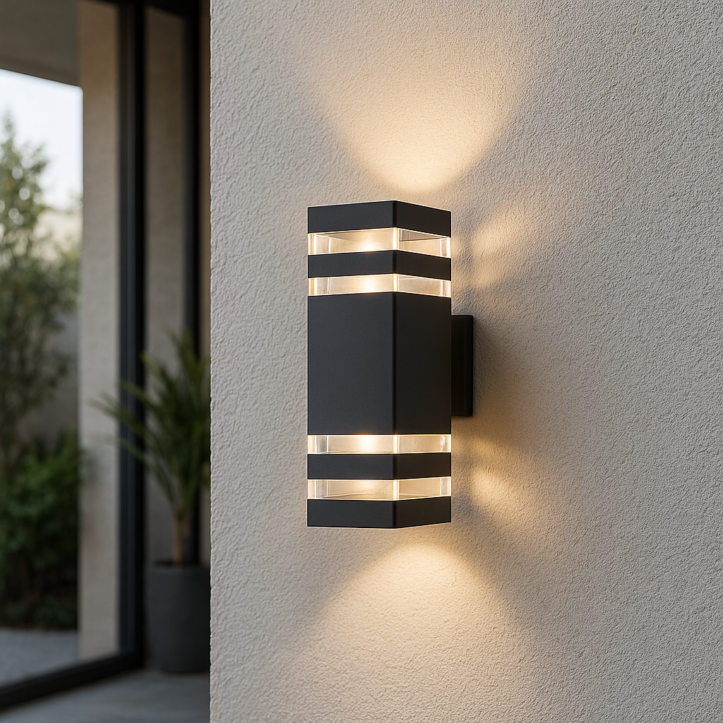 Outdoor wall lamp featuring a contemporary design with up and down lights, crafted from weather-resistant aluminum and emitting warm white LED illumination. 0