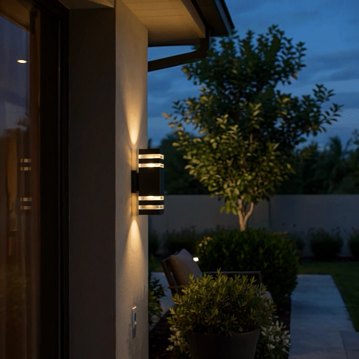 Outdoor wall lamp featuring a contemporary design with up and down lights, crafted from weather-resistant aluminum and emitting warm white LED illumination. 1
