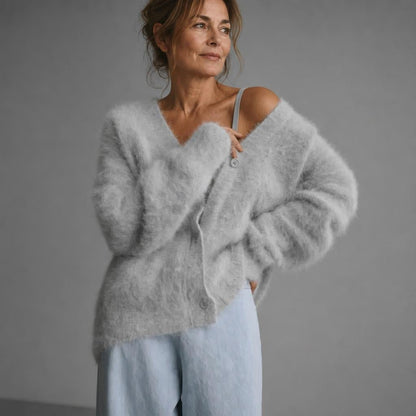 Oversized women's cardigan featuring a deep V-neck and relaxed fit, made from soft knit fabric, perfect for layering. 5