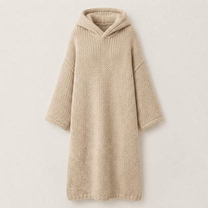 Oversized beige knit lounge hoodie with relaxed hood and chunky texture, perfect for cozy comfort and lounging at home. 0