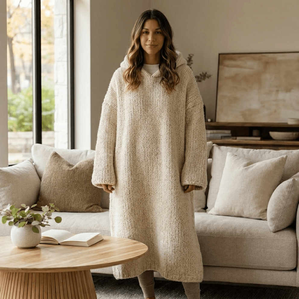 Oversized beige knit lounge hoodie with relaxed hood and chunky texture, perfect for cozy comfort and lounging at home. 1