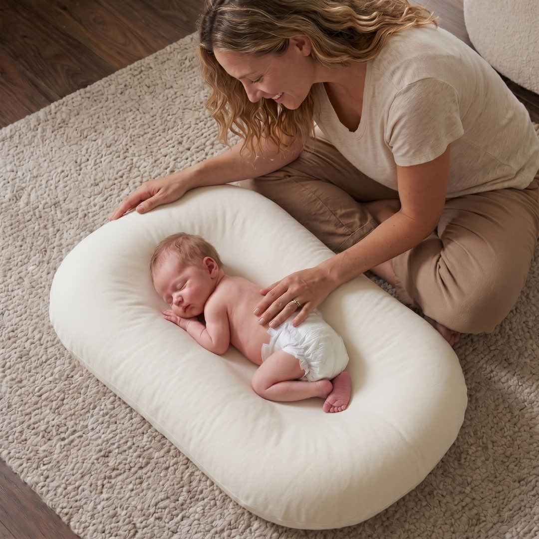 Pastel Baby Lounger Nest featuring breathable materials and raised edges for enhanced comfort and safety. 0