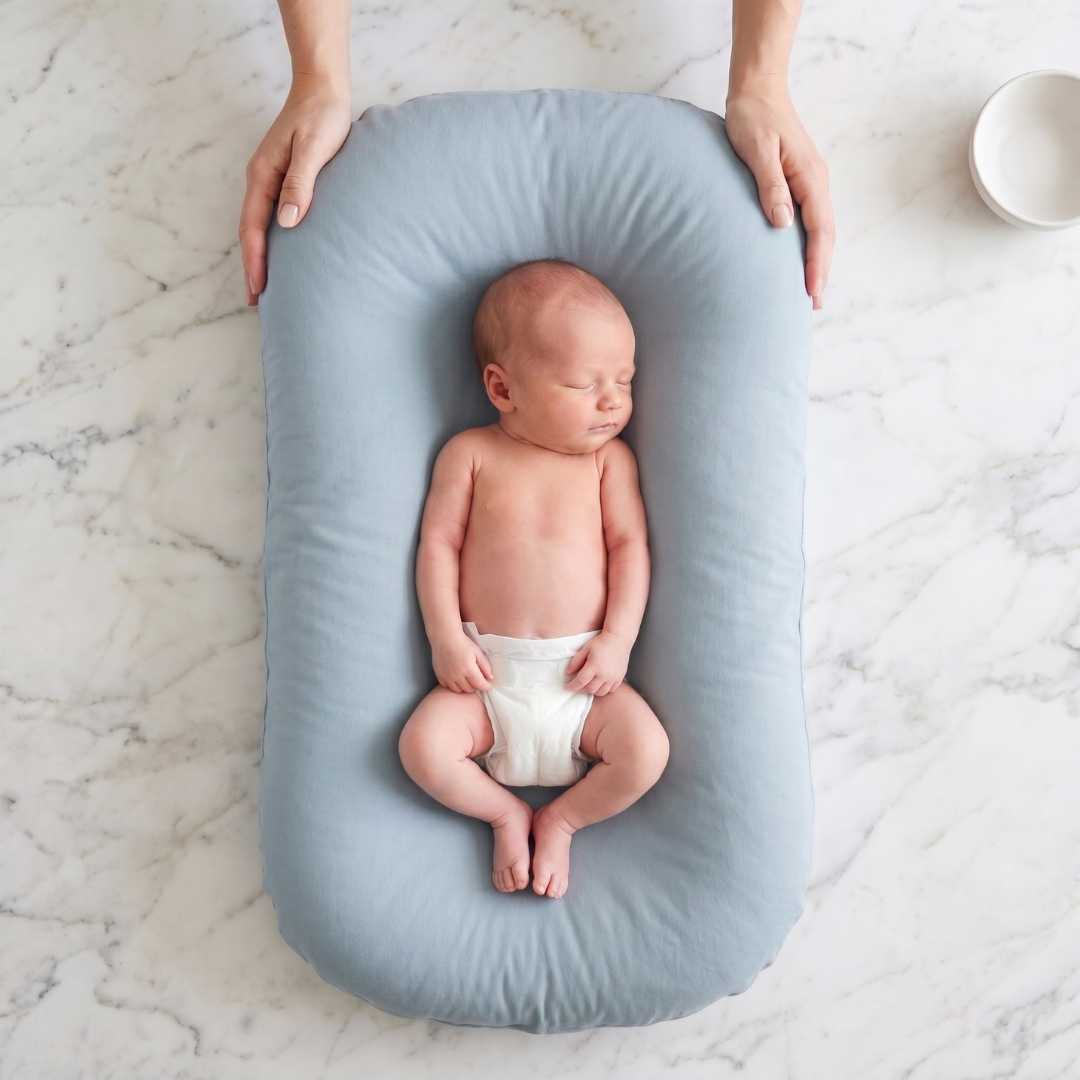 Pastel Baby Lounger Nest featuring breathable materials and raised edges for enhanced comfort and safety. 11