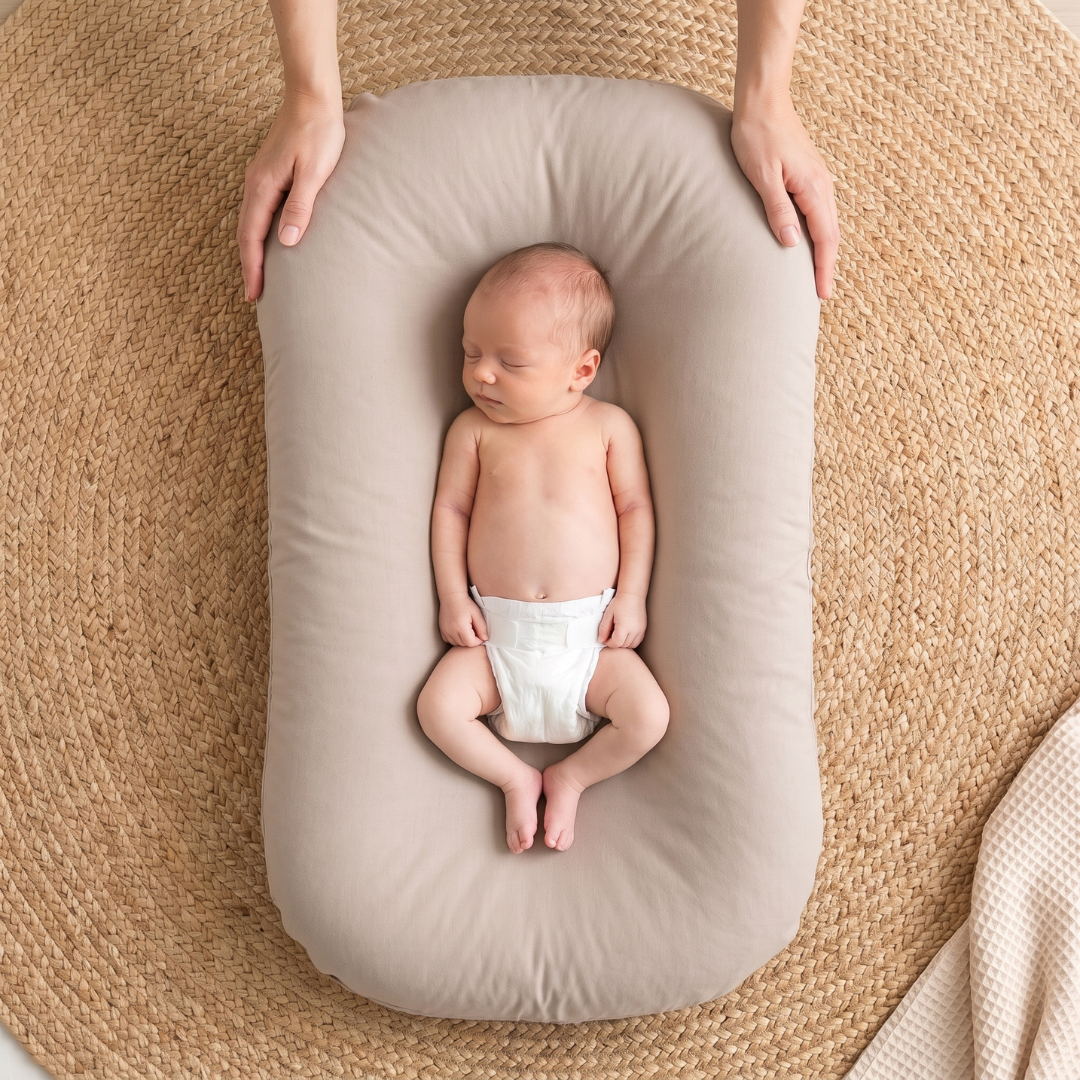 Pastel Baby Lounger Nest featuring breathable materials and raised edges for enhanced comfort and safety. 12
