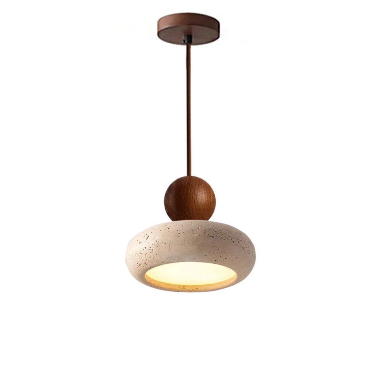 Pendant light featuring a warm LED glow, designed with a modern wood and concrete finish, perfect for compact kitchen and dining spaces. 0