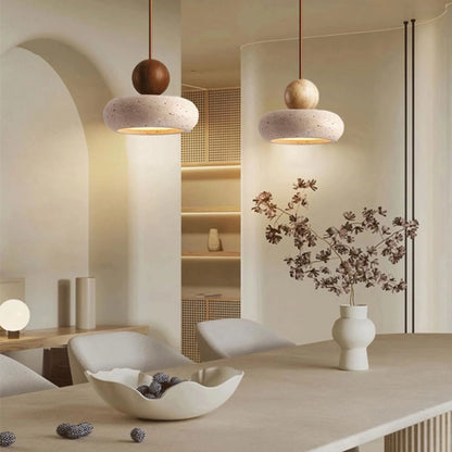 Pendant light featuring a warm LED glow, designed with a modern wood and concrete finish, perfect for compact kitchen and dining spaces. 5