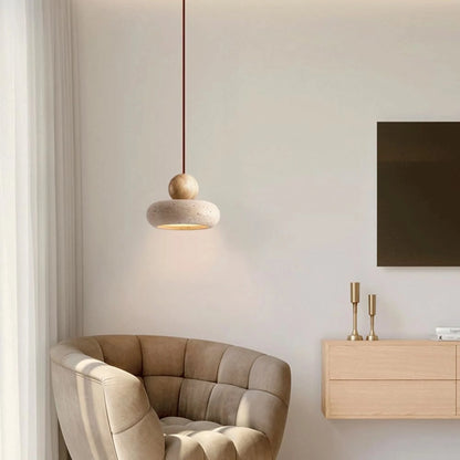 Pendant light featuring a warm LED glow, designed with a modern wood and concrete finish, perfect for compact kitchen and dining spaces. 6