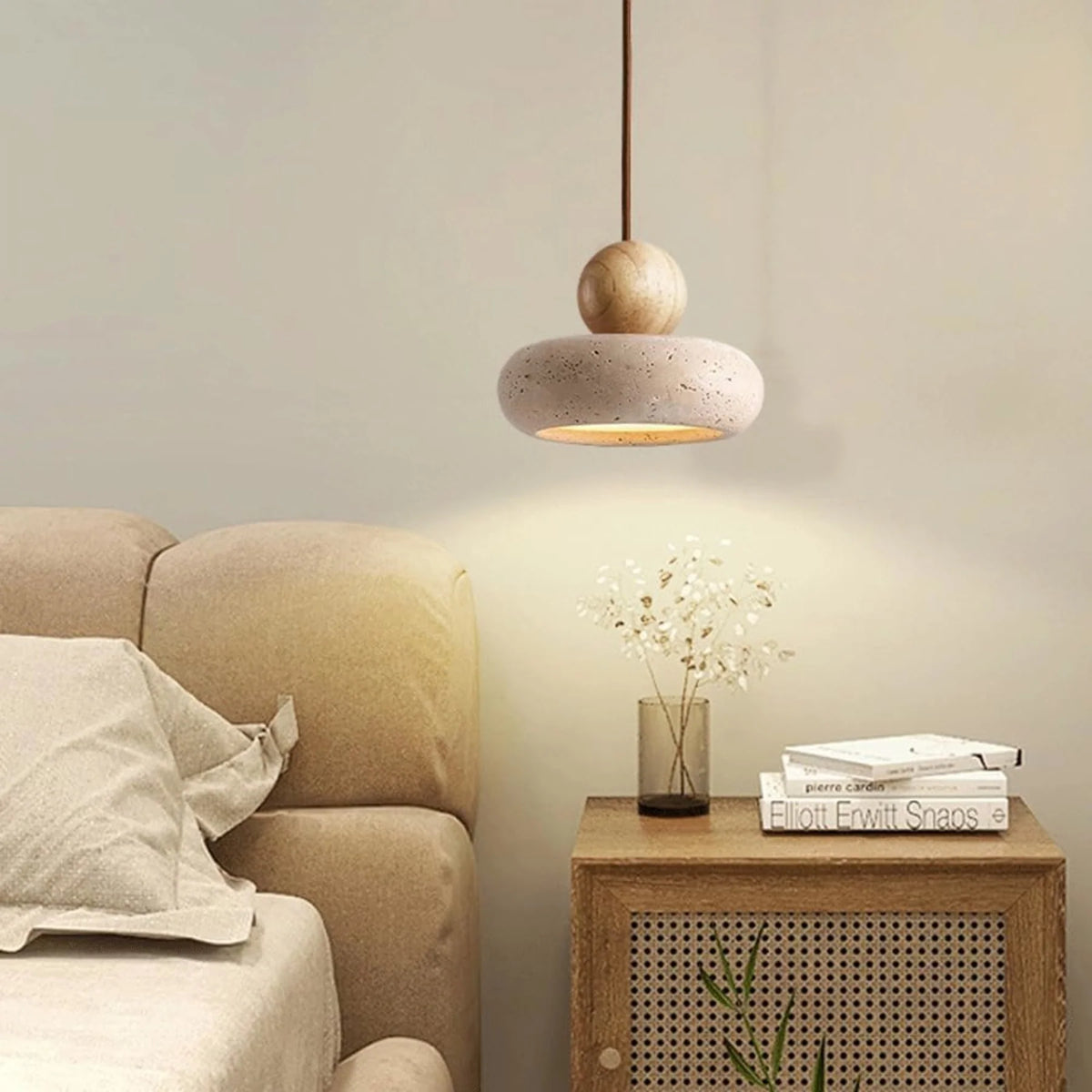 Pendant light featuring a warm LED glow, designed with a modern wood and concrete finish, perfect for compact kitchen and dining spaces. 7