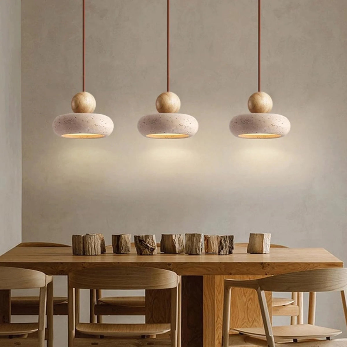 Pendant light featuring a warm LED glow, designed with a modern wood and concrete finish, perfect for compact kitchen and dining spaces. 8