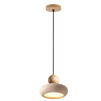 Pendant light featuring a warm LED glow, designed with a modern wood and concrete finish, perfect for compact kitchen and dining spaces. 9