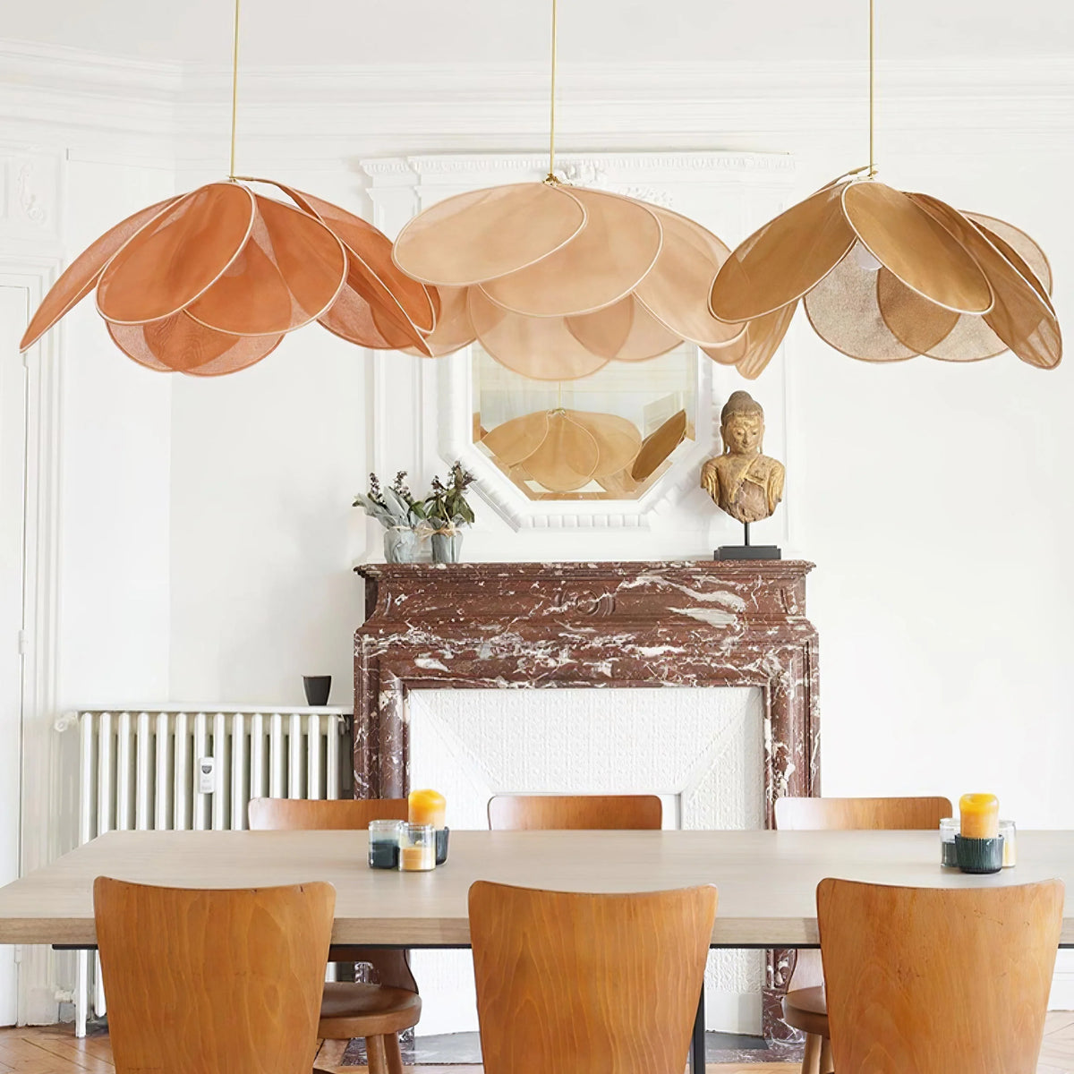 Elegant Petal Pendant Light featuring a floral design in a gold frame, customizable hanging height, and available in various sizes and colors, perfect for enhancing any 7