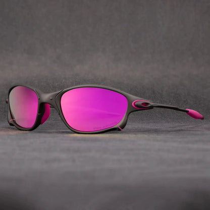 Polarized sports sunglasses featuring red mirrored lenses and UV400 protection, designed with a lightweight metal frame, ideal for cycling and outdoor activities. 0