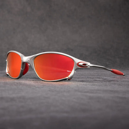 Polarized sports sunglasses featuring red mirrored lenses and UV400 protection, designed with a lightweight metal frame, ideal for cycling and outdoor activities. 1