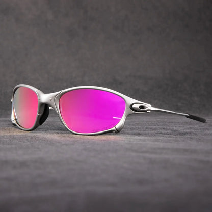 Polarized sports sunglasses featuring red mirrored lenses and UV400 protection, designed with a lightweight metal frame, ideal for cycling and outdoor activities. 2