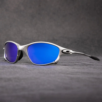 Polarized sports sunglasses featuring red mirrored lenses and UV400 protection, designed with a lightweight metal frame, ideal for cycling and outdoor activities. 3