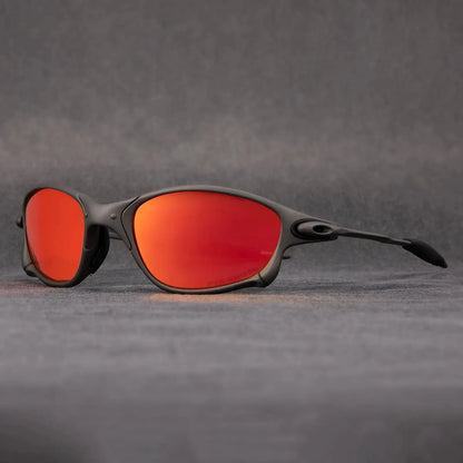 Polarized sports sunglasses featuring red mirrored lenses and UV400 protection, designed with a lightweight metal frame, ideal for cycling and outdoor activities. 5