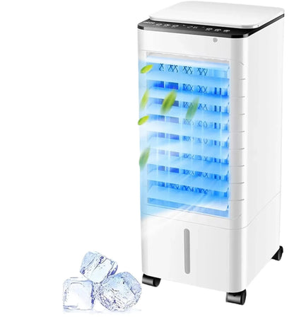 Portable air cooler with humidifier and purifier, featuring a sleek design and three-in-one functionality, ideal for home and office use, providing efficient evaporative 0