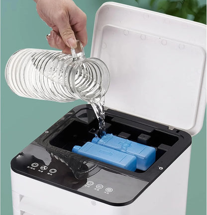 Portable air cooler with humidifier and purifier, featuring a sleek design and three-in-one functionality, ideal for home and office use, providing efficient evaporative 1