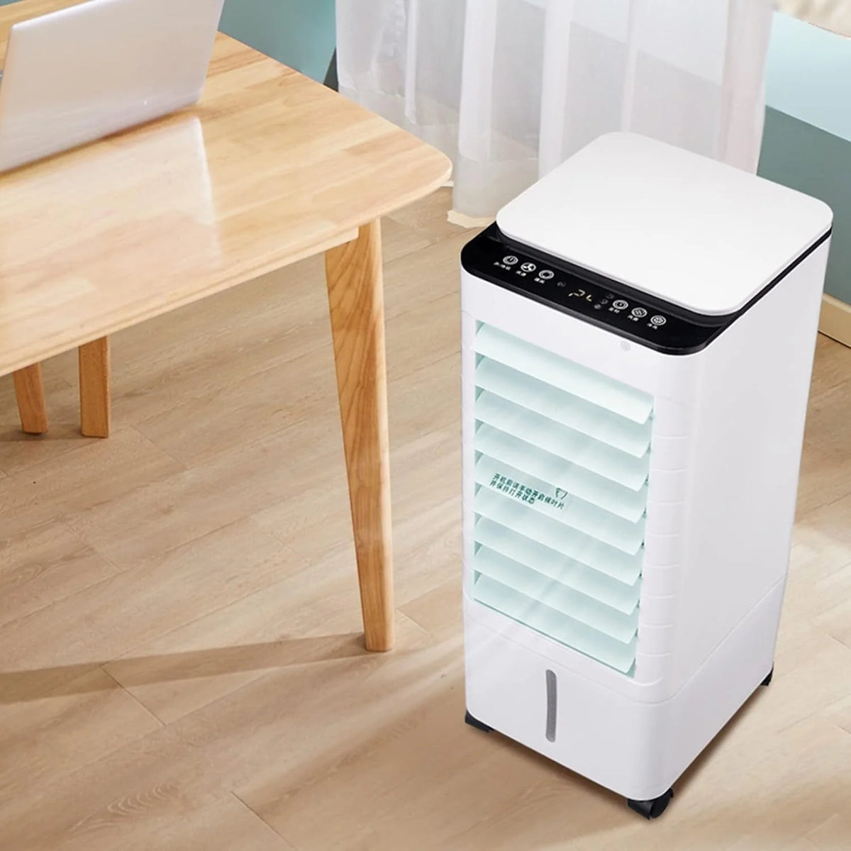 Portable air cooler with humidifier and purifier, featuring a sleek design and three-in-one functionality, ideal for home and office use, providing efficient evaporative 2