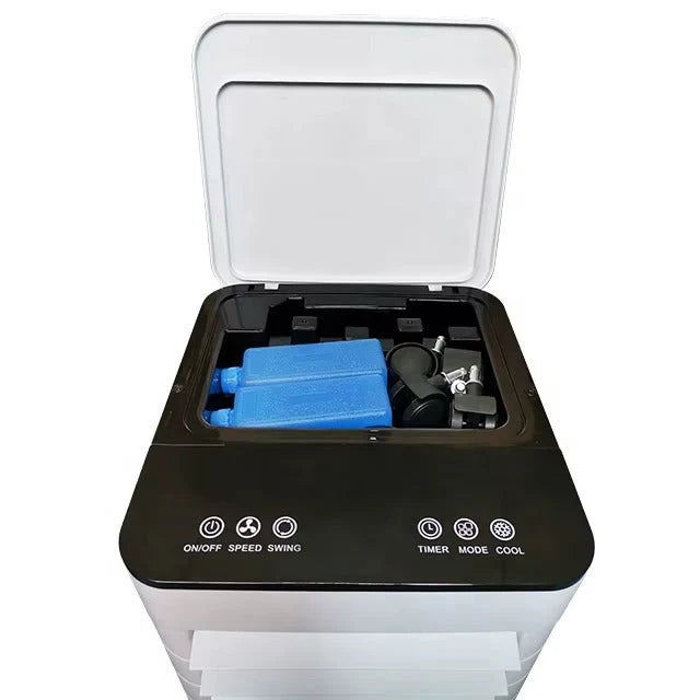 Portable air cooler with humidifier and purifier, featuring a sleek design and three-in-one functionality, ideal for home and office use, providing efficient evaporative 3