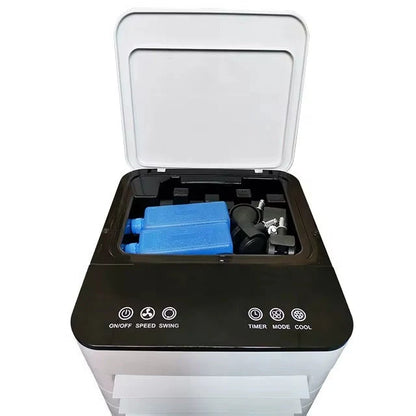Portable air cooler with humidifier and purifier, featuring a sleek design and three-in-one functionality, ideal for home and office use, providing efficient evaporative 3