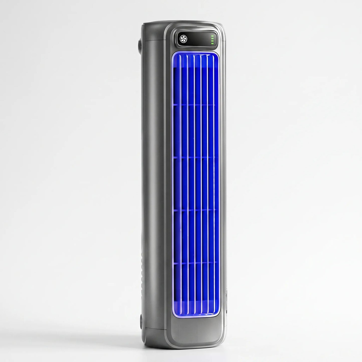 Portable air cooler with a rechargeable battery in a compact bladeless design, featuring a sleek grey finish and capable of providing up to 12 hours of cooling 0