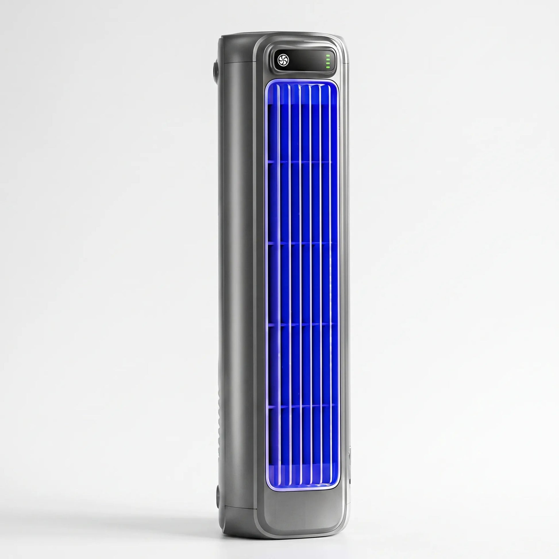Portable air cooler with a rechargeable battery in a compact bladeless design, featuring a sleek grey finish and capable of providing up to 12 hours of cooling 0