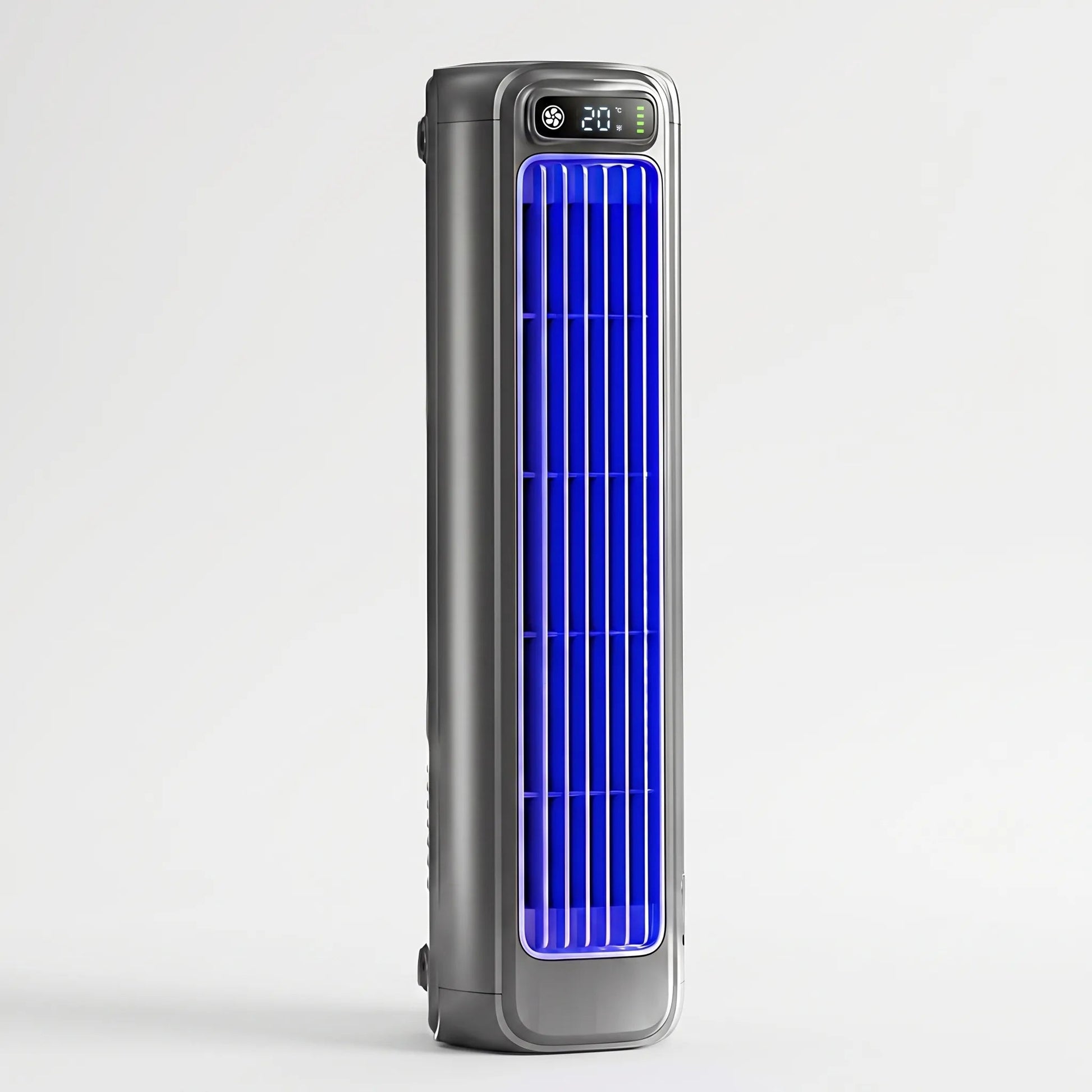 Portable air cooler with a rechargeable battery in a compact bladeless design, featuring a sleek grey finish and capable of providing up to 12 hours of cooling 2