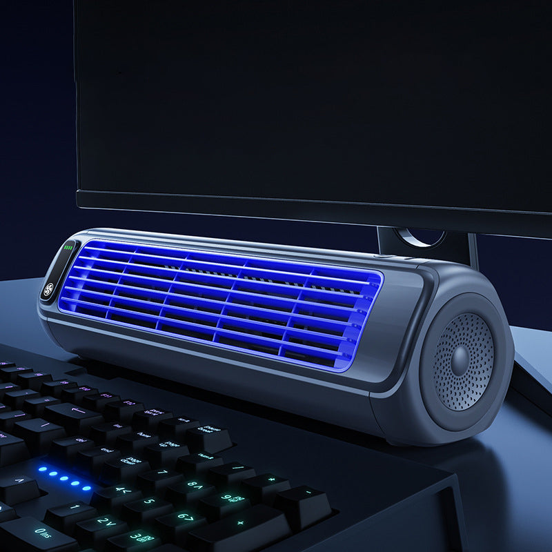 Portable air cooler with a rechargeable battery in a compact bladeless design, featuring a sleek grey finish and capable of providing up to 12 hours of cooling 3