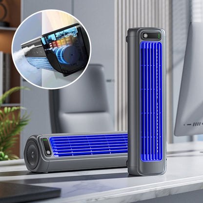 Portable air cooler with a rechargeable battery in a compact bladeless design, featuring a sleek grey finish and capable of providing up to 12 hours of cooling 5