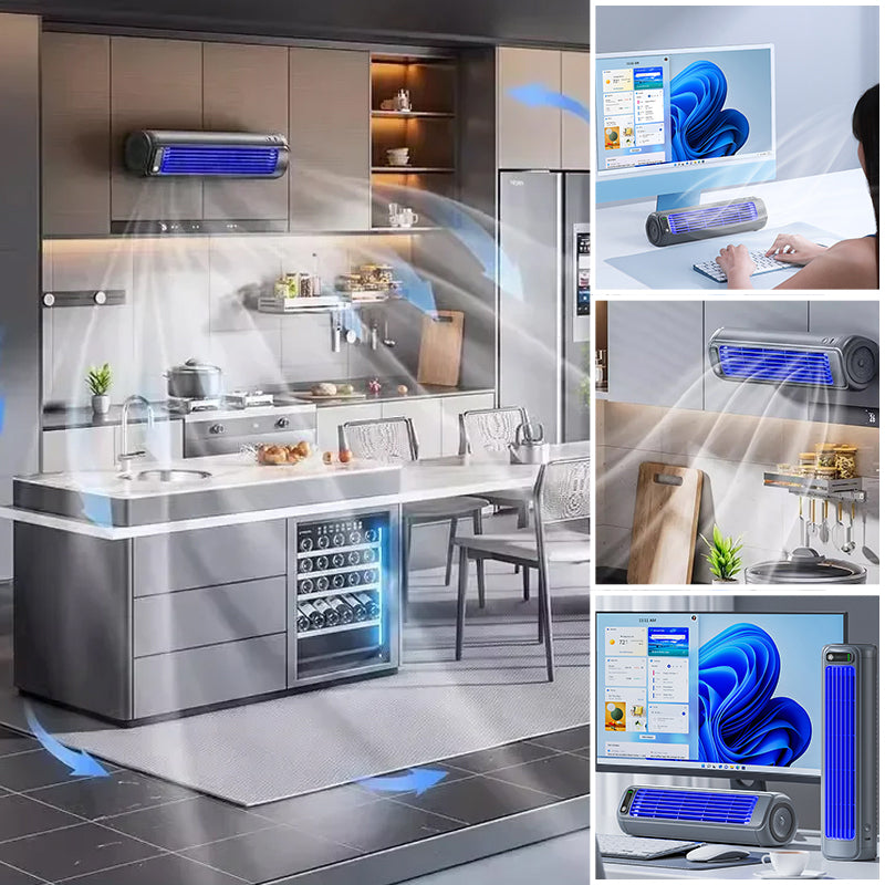 Portable air cooler with a rechargeable battery in a compact bladeless design, featuring a sleek grey finish and capable of providing up to 12 hours of cooling 6
