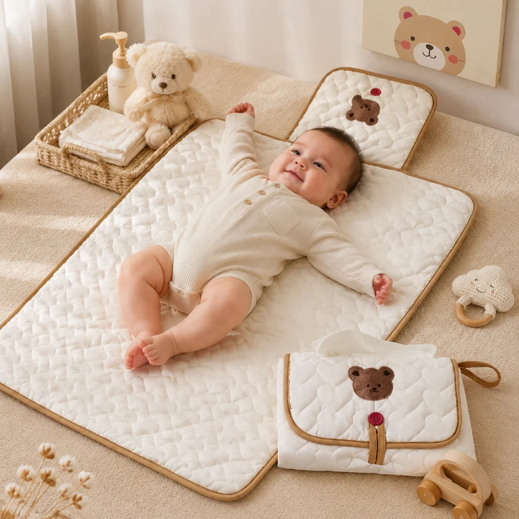 Portable baby diaper changing pad featuring a waterproof surface and convenient storage pockets, designed with an adorable bear theme for on-the-go parents. 0
