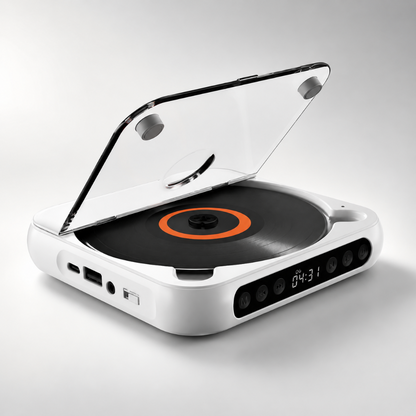 Portable CD player featuring Bluetooth connectivity and a rechargeable battery, designed with a slim and compact profile for easy portability. 0