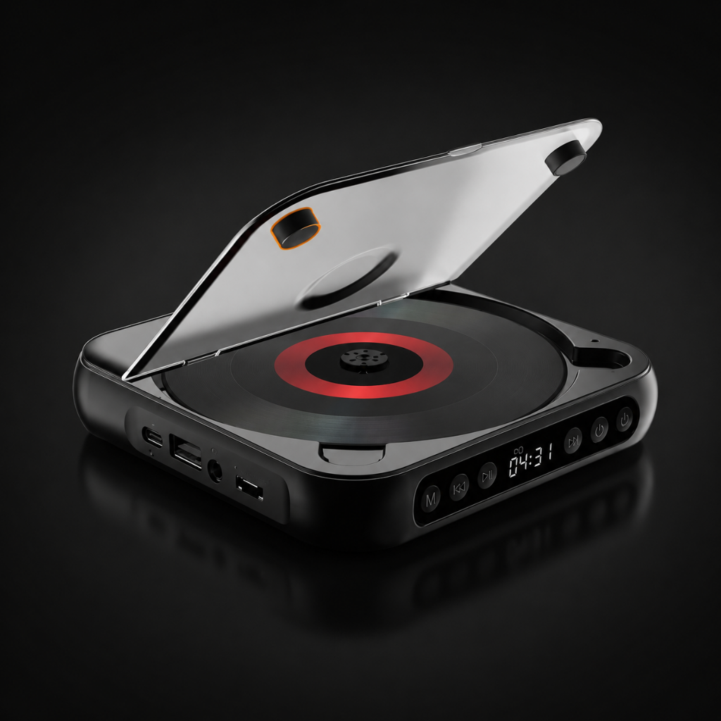 Portable CD player featuring Bluetooth connectivity and a rechargeable battery, designed with a slim and compact profile for easy portability. 1