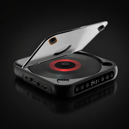 Portable CD player featuring Bluetooth connectivity and a rechargeable battery, designed with a slim and compact profile for easy portability. 1