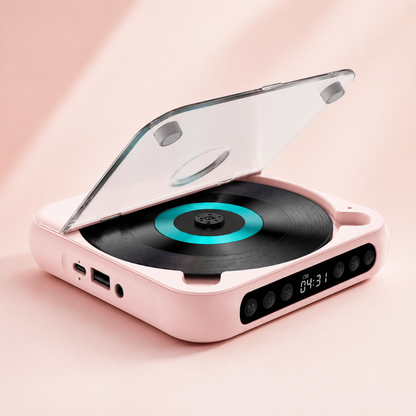 Portable CD player featuring Bluetooth connectivity and a rechargeable battery, designed with a slim and compact profile for easy portability. 2