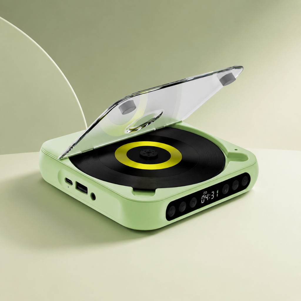 Portable CD player featuring Bluetooth connectivity and a rechargeable battery, designed with a slim and compact profile for easy portability. 3