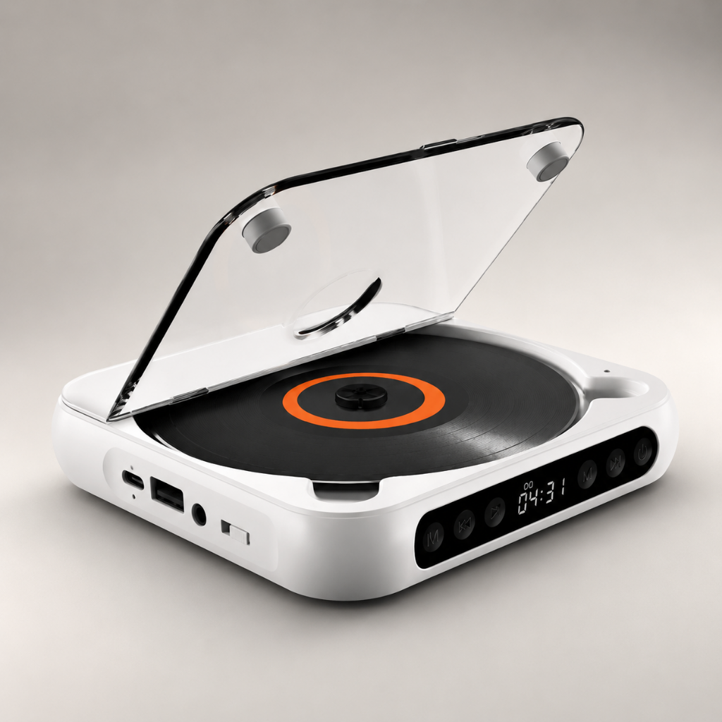 Portable CD player featuring Bluetooth connectivity and a rechargeable battery, designed with a slim and compact profile for easy portability. 5