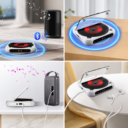 Portable CD player featuring Bluetooth connectivity and a rechargeable battery, designed with a slim and compact profile for easy portability. 6