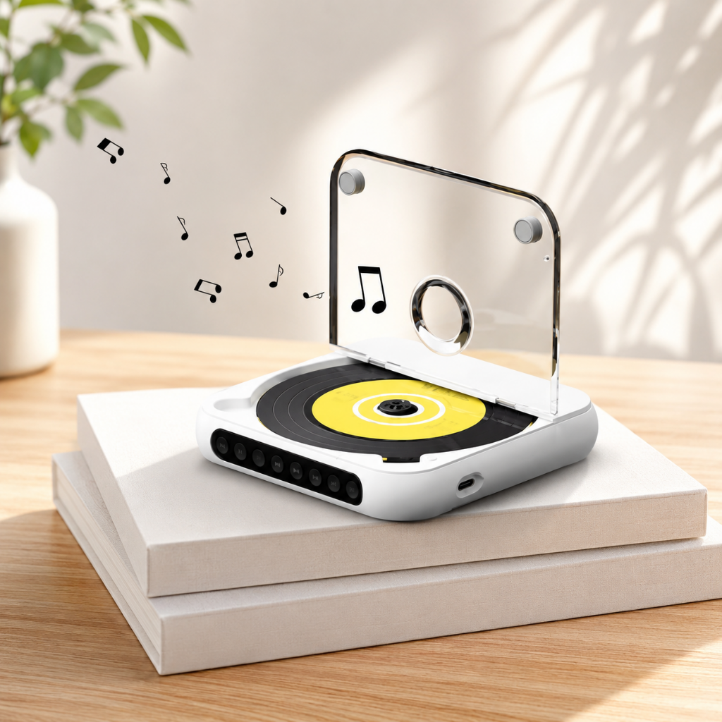 Portable CD player featuring Bluetooth connectivity and a rechargeable battery, designed with a slim and compact profile for easy portability. 7
