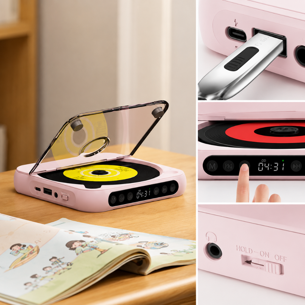 Portable CD player featuring Bluetooth connectivity and a rechargeable battery, designed with a slim and compact profile for easy portability. 8