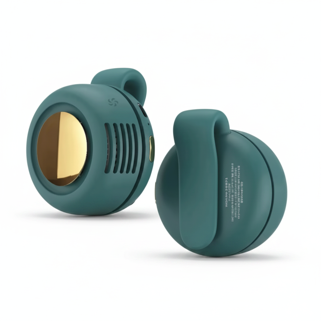 Portable handheld fan in gray and green with USB rechargeable battery and foldable design, perfect for travel and quiet operation. 1